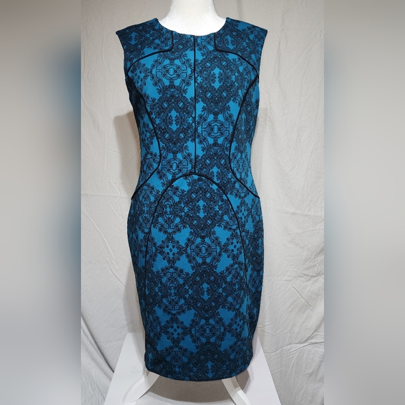 Worthington Dresses & Skirts - Blue Sleeveless Bodycon Knee-length Dress With Black Lace Print From Worthington